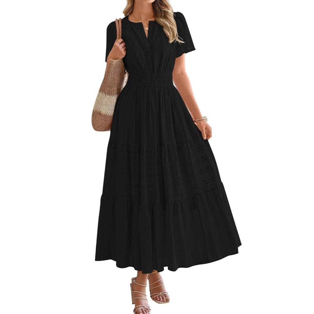 NWT BTFBM‎ V Neck Short Sleeve Elastic Waist Boho Maxi Dress Black XXL